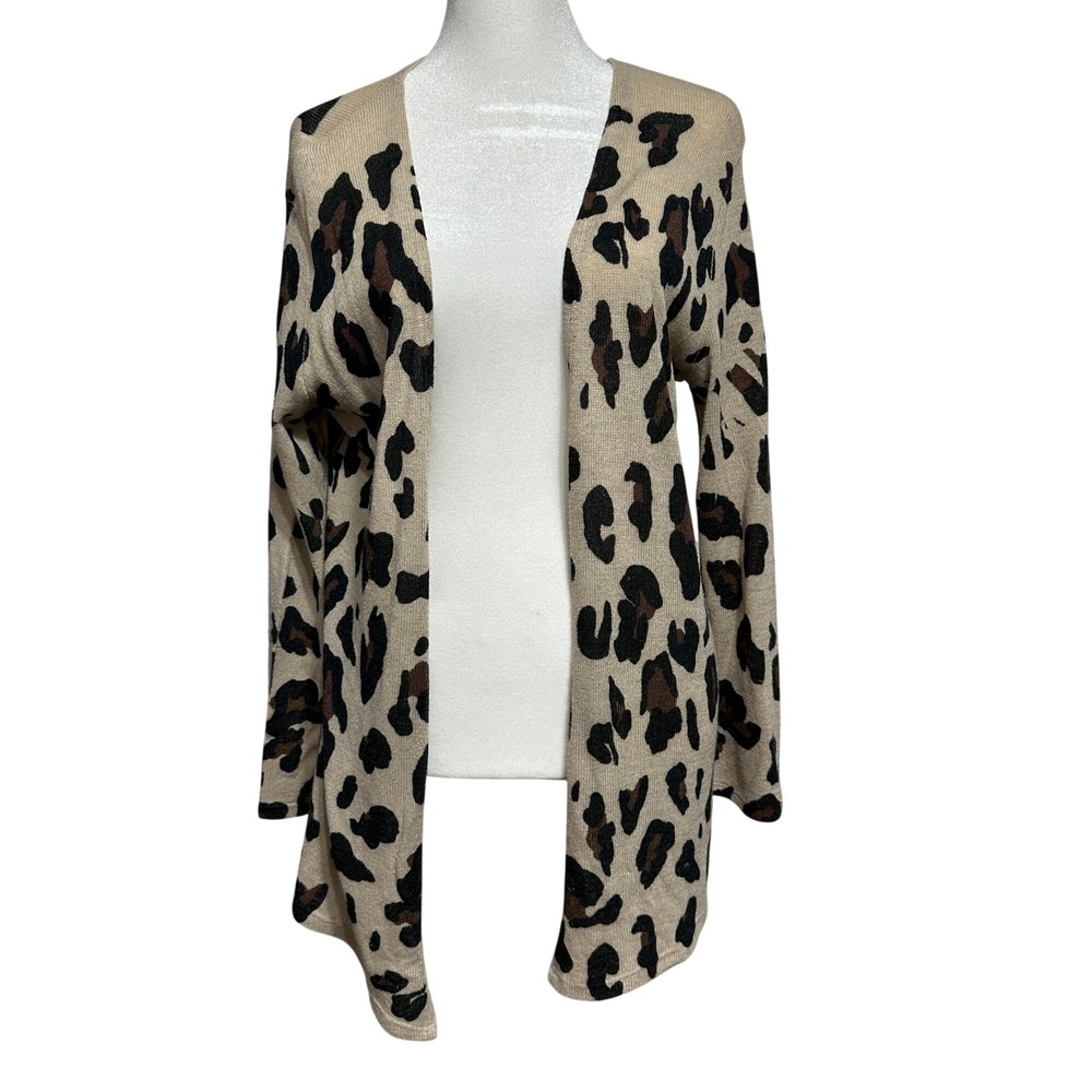 Phil Love Cardigan Womens Large Tan Leopard Print Open Front Long Sleeve T722